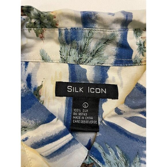VINTAGE Silk Icon All Over Print Island Palm Trees Hawaiian Shirt Men Large - Picture 4 of 5